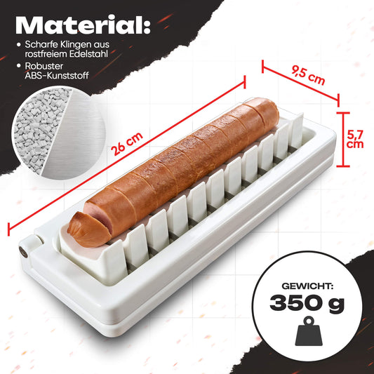 Detailansicht des Currywurstschneiders aus ABS-Kunststoff mit Edelstahlklingen – leichter, kompakter Wurstschneider elektrisch nutzbar. Maße 26cm x 9,5cm x 5,7cm und er wiegt 350g