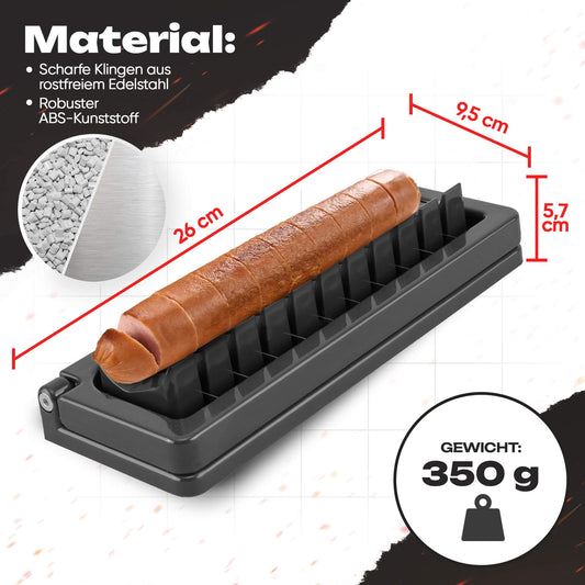 Detailansicht des Currywurstschneiders aus ABS-Kunststoff mit Edelstahlklingen – leichter, kompakter Wurstschneider elektrisch nutzbar. Maße sind 256cm x 9,5cm x 5,7cm un er wiegt 350g