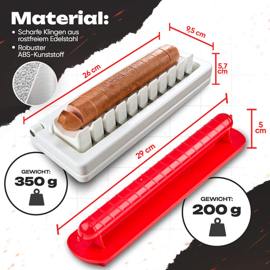 Detailansicht des Currywurstschneiders aus ABS-Kunststoff mit Edelstahlklingen – leichter, kompakter Wurstschneider elektrisch nutzbar. Maße 26cm x 9,5cm x 5,7cm und er wiegt 350g